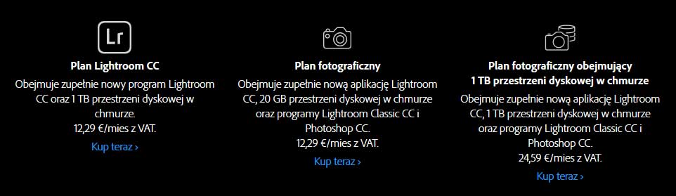Porównanie planów Adobe CC Photoshop Lightroom CreativeCloud